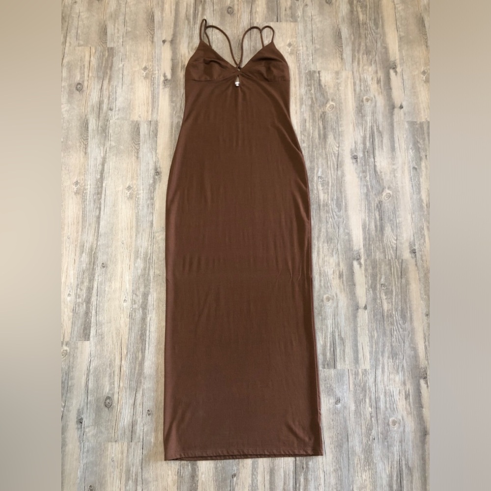 Reformation Lainey Maxi Dress Brown Keyhole Strappy Bodycon Tencel Sz S USA